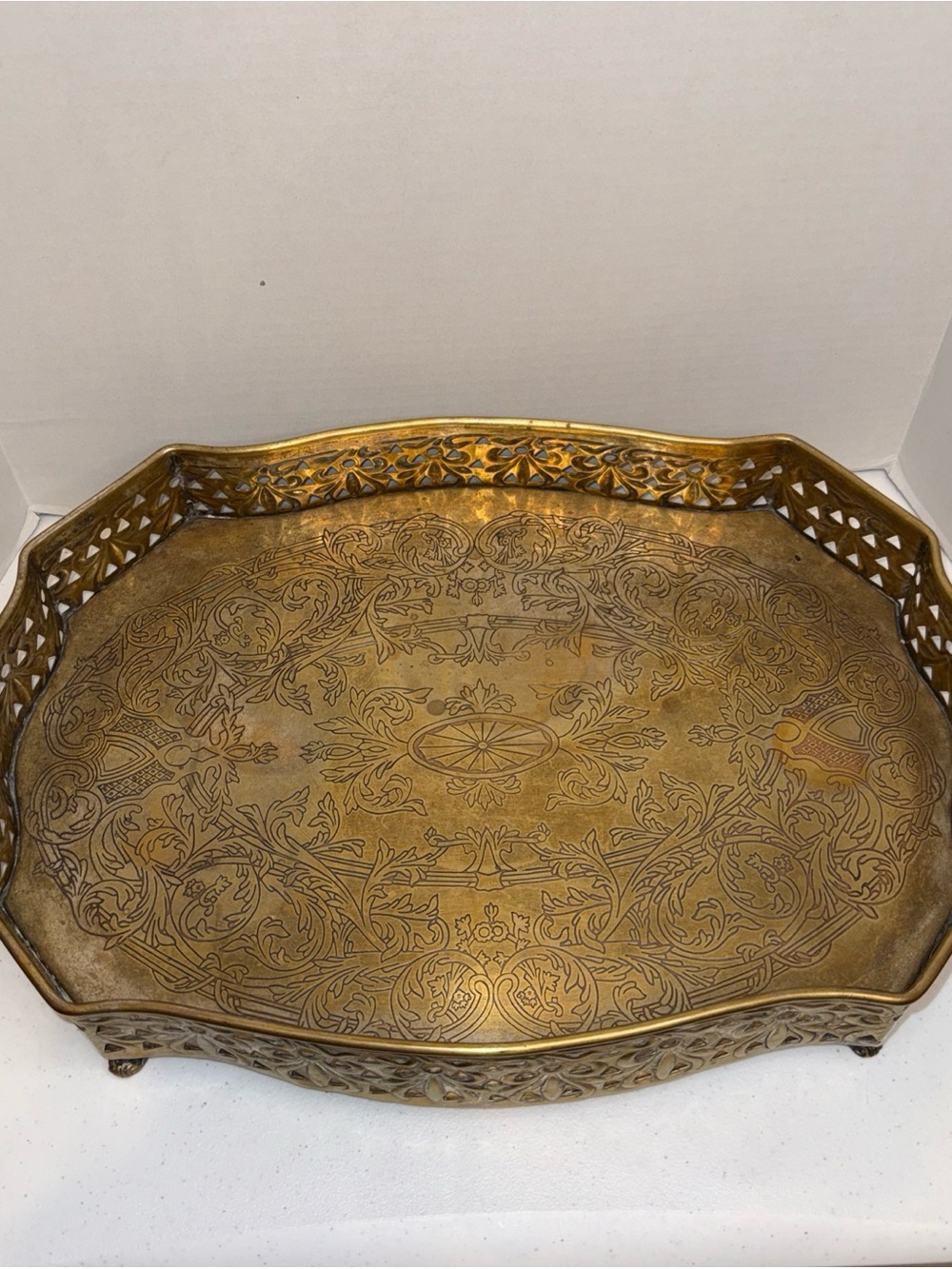 Large Castilian Brass Gallery Serving Tray Hand Carved, Ornate Footed, Handles